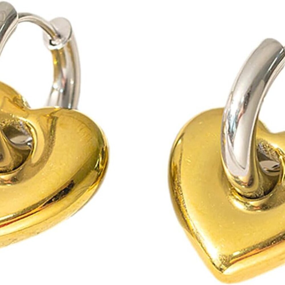 Trendy Two-Tone Gold Silver Heart Dangle Hoop Earrings for Women, Stainless Stee